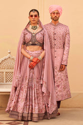Exclusively for couple combo pink designer outfit in pure pv silk and foil print with detailed hand mirror work